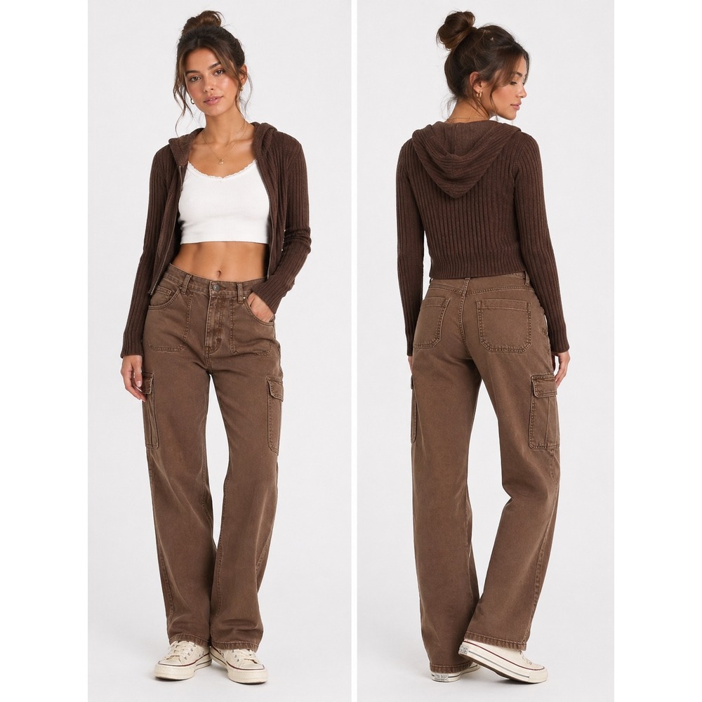 Hollister Cargo Pants Women 5R Brown Ultra High Rise Raw Hem Gorpcore Streetwear